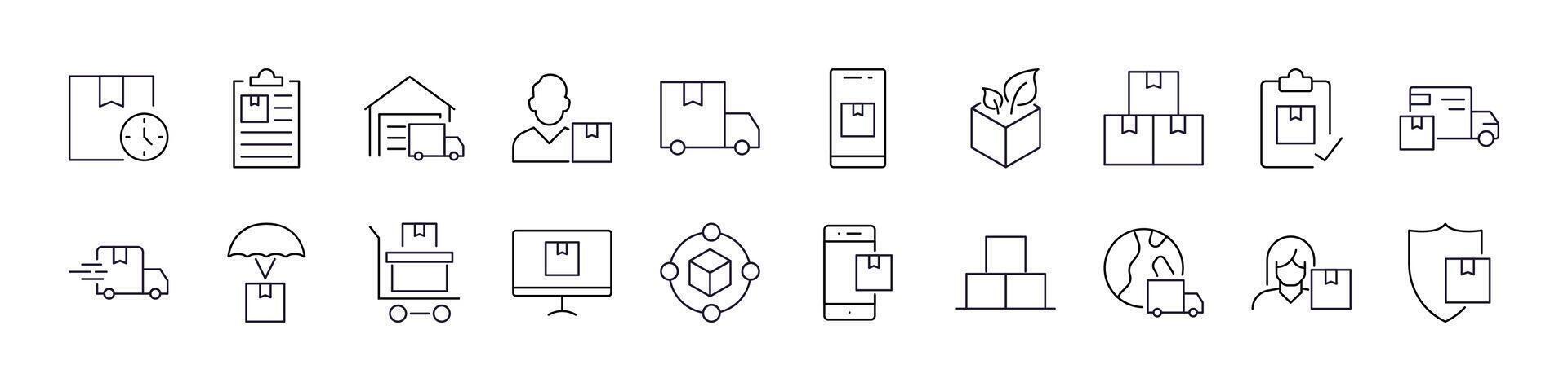 Delivery Line Icon Set. Truck, Box, Shipping Outline Signs for Graphic and Web Design, Apps, Adverts, Various Cards vector
