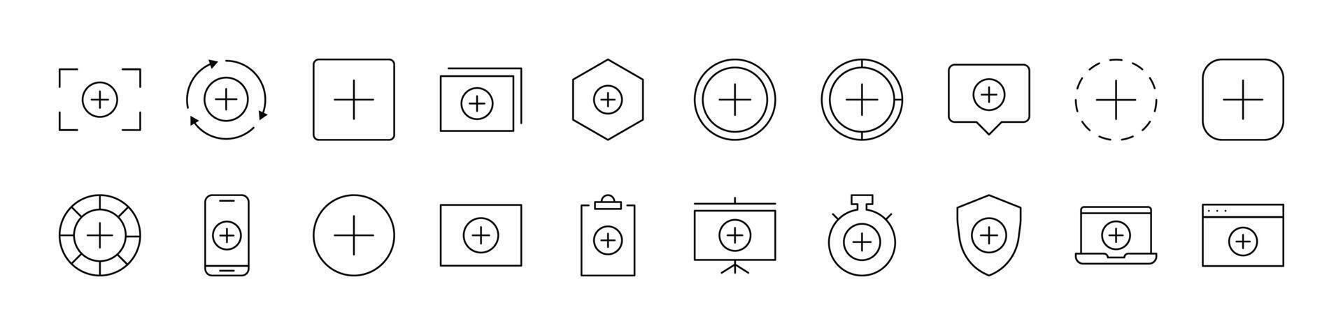 Plus Sign Line Icon Set. Outline Signs for Graphic and Web Design, Apps, Adverts, Various Cards vector