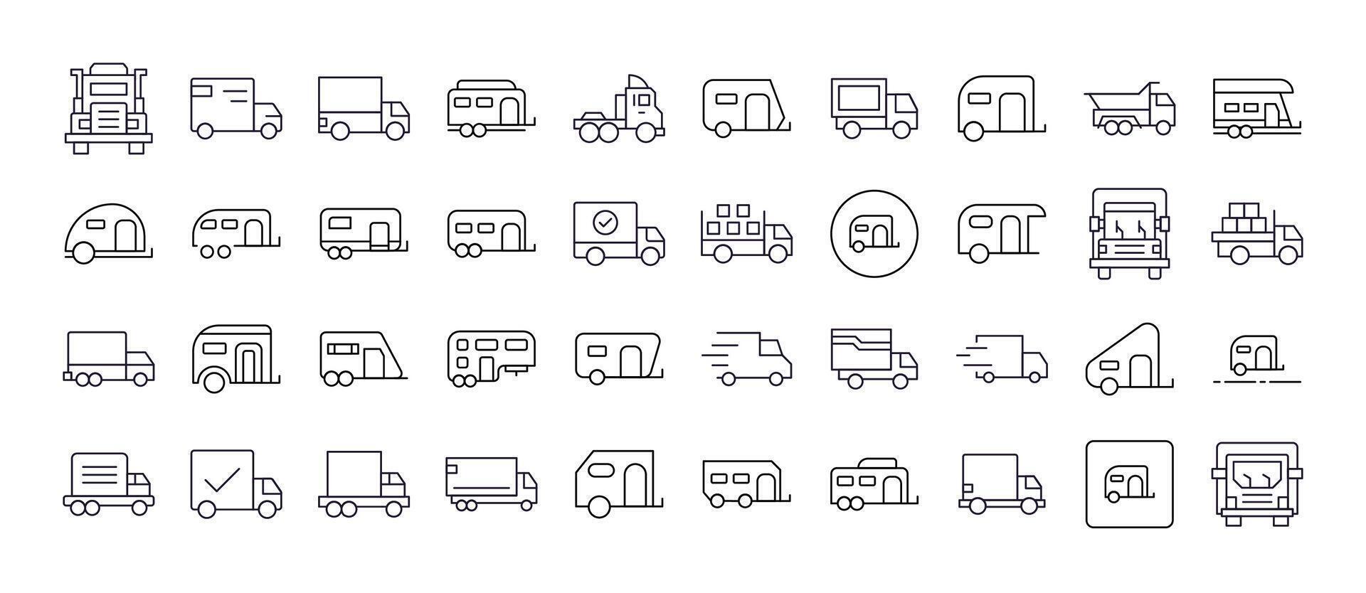 Set of Truck and Motor Home Related Line Icons. Outline Signs for Graphic and Web Design, Apps, Adverts, Various Cards vector