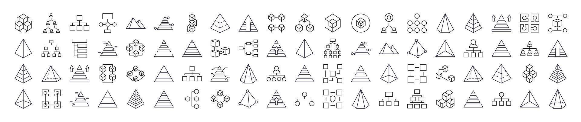 Pack of Pyramid, Hierarchy, Cubes Related Line Icons. Outline Signs for Graphic and Web Design, Apps, Adverts, Various Cards vector