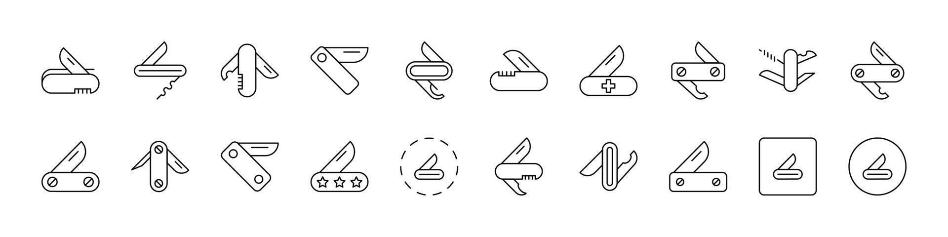 Camping Bundle of Related Line Icons. Folding Knife Outline Signs for Graphic and Web Design, Apps, Adverts, Various Cards vector