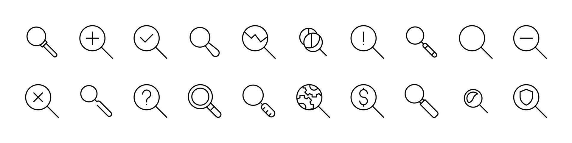 Magnifying Glass Line Icon Collection. Minimalistic Linear Pictogram for Web and Graphic Design, Apps, Banners, Social Network and Cards vector