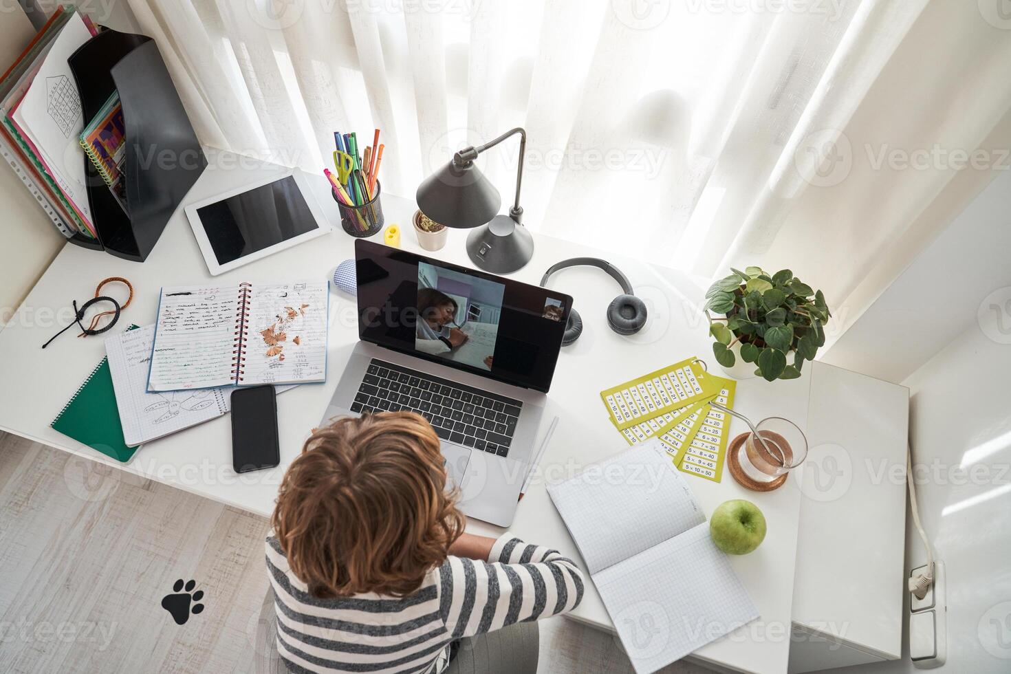 Unrecognizable boy chatting on laptop while studying photo