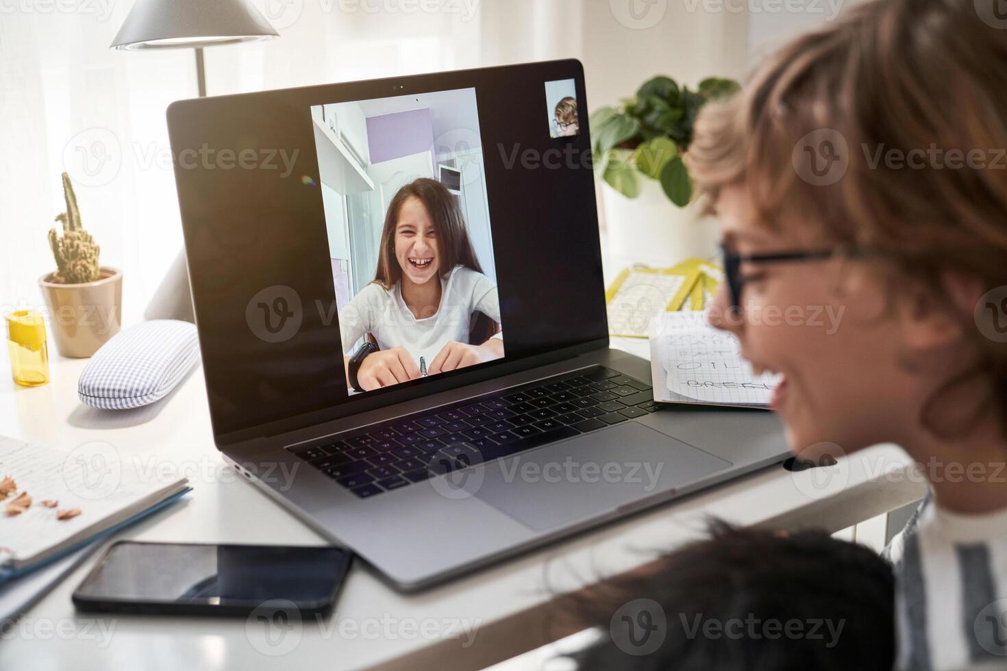 Cheerful boy chatting with classmate photo