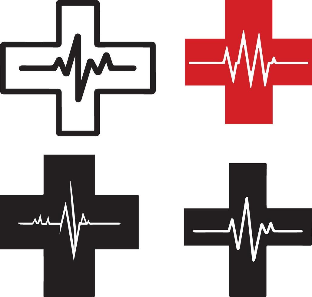 A set of heartbeat inside a cross silhouette illustration symbolizes health, care, and compassion, ideal for medical and wellness branding. vector