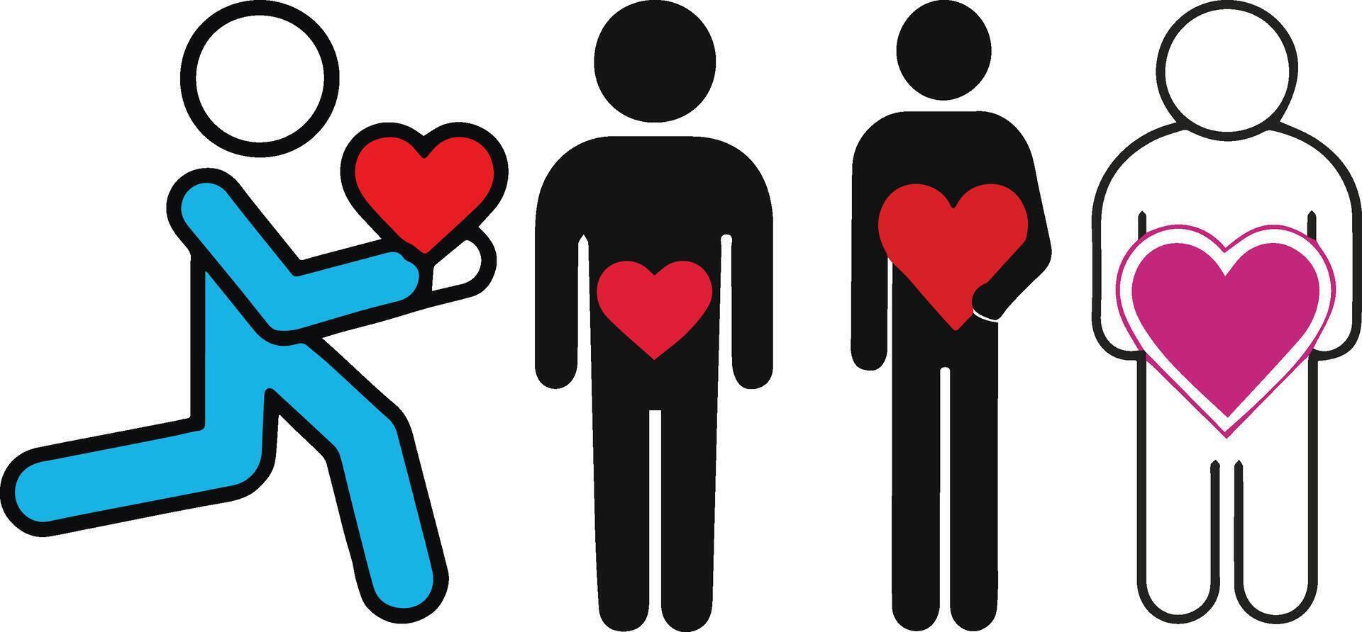 A set of human figure silhouettes holding hearts symbolizes love, care, unity, and compassion, perfect for healthcare, charity, and wellness designs vector