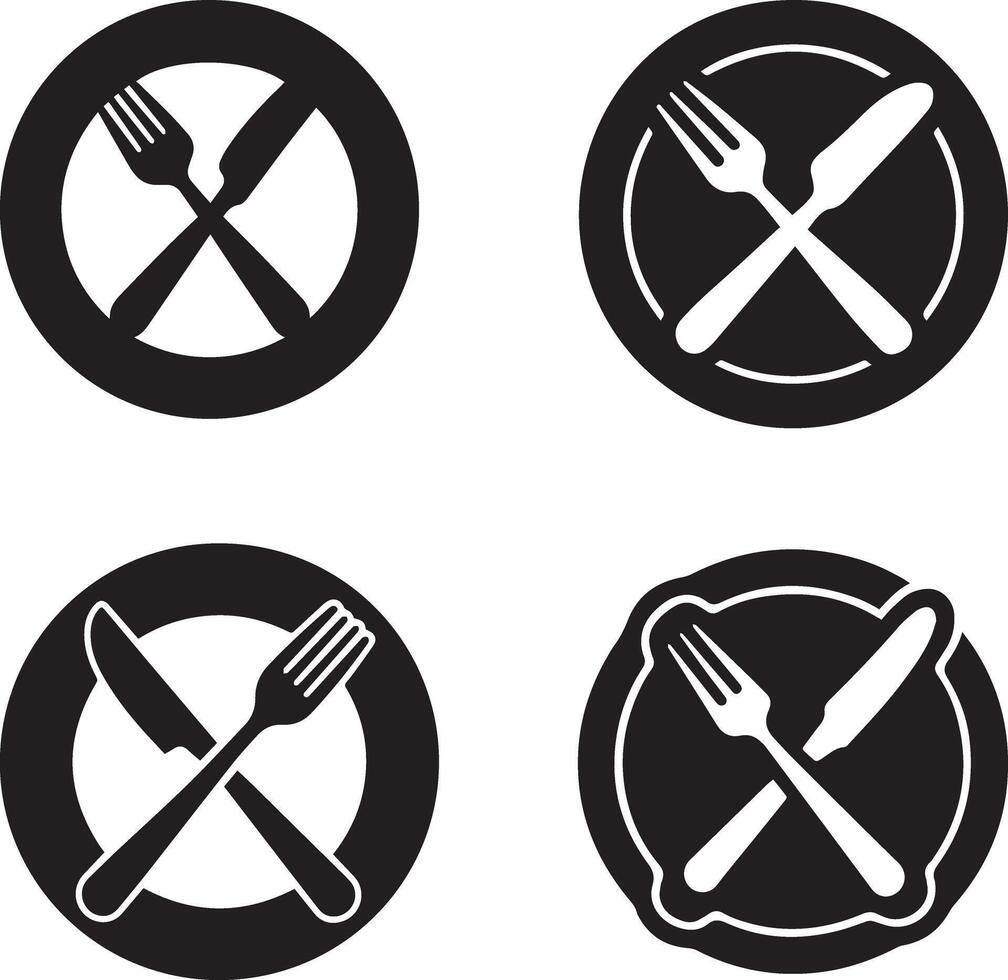 A set of cooking logo with spoon and knife on round plate vector