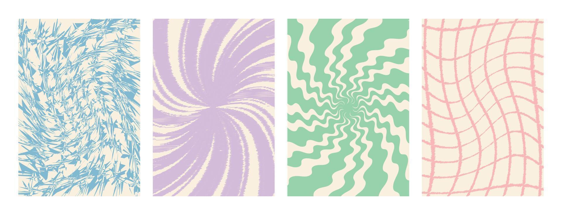 Twisted Y2k aesthetic poster set. Trendy distorted cards in blue, violet, green and pink colors. Trippy abstract backgrounds in retro style vector