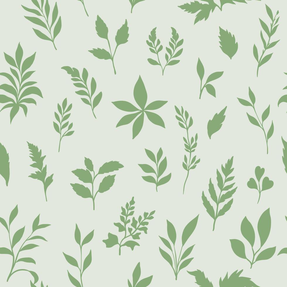 A seamless pattern with various green leaves in silhouette art style, creating a fresh and natural botanical design vector