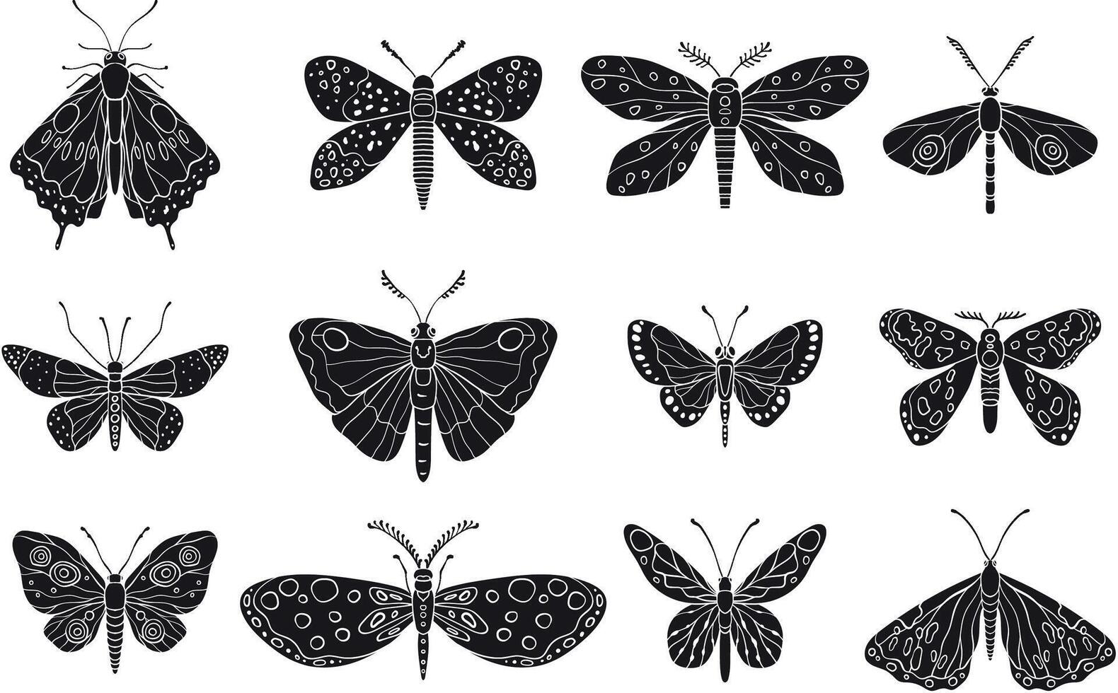A illustration featuring intricately designed butterflies and moths in black silhouette tones, showcasing diverse wing patterns and artistic detailing vector