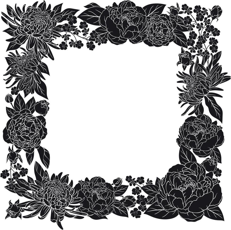 A detailed silhouette floral illustration, square frame adorned with lush peonies, chrysanthemums, cherry blossoms, and rosebuds with leaves on white background vector