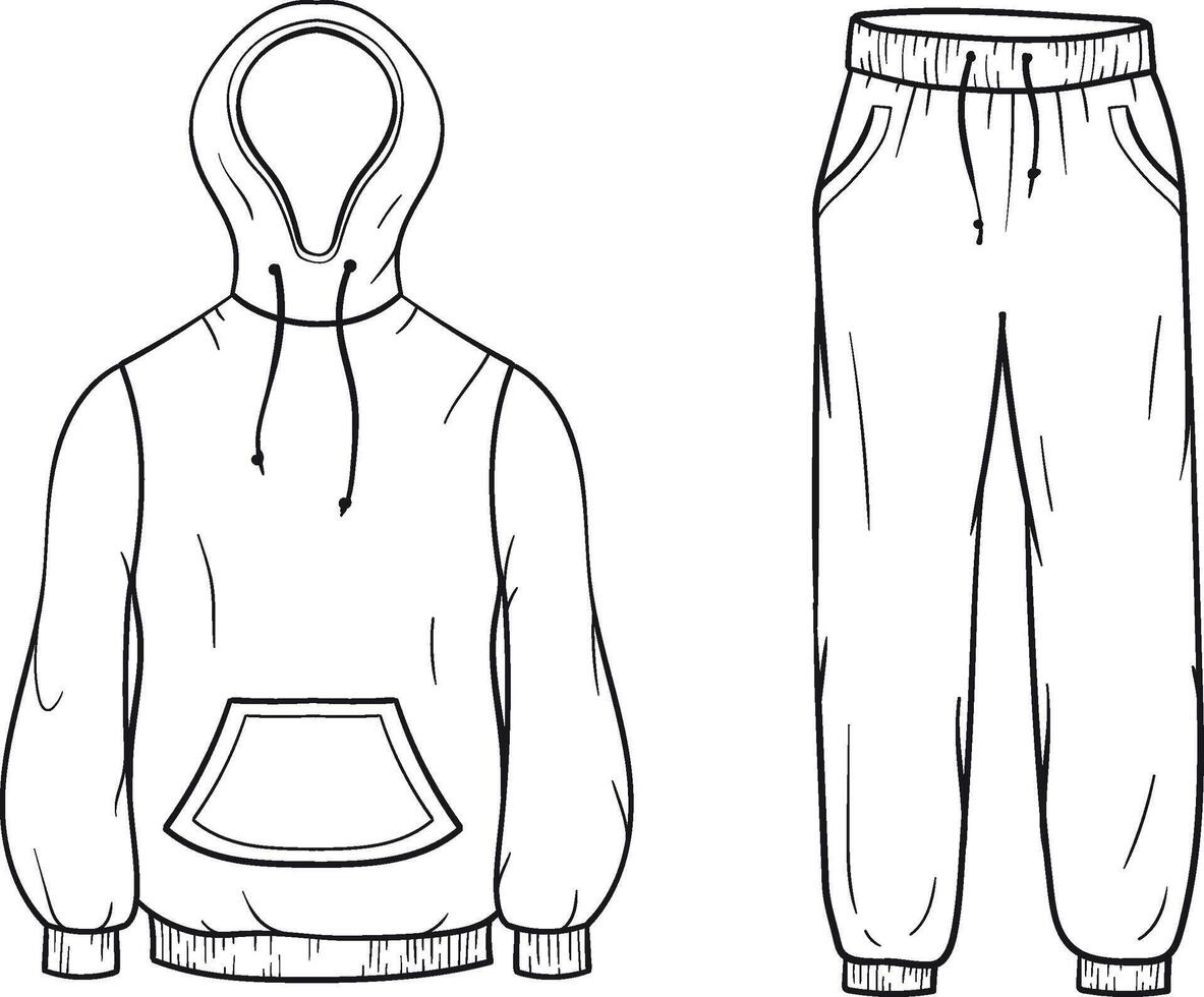 illustration of a line art tracksuit of a hooded sweatshirt with a front pocket and drawstrings, with matching jogger pants featuring an elastic waistband and side pockets on white background vector