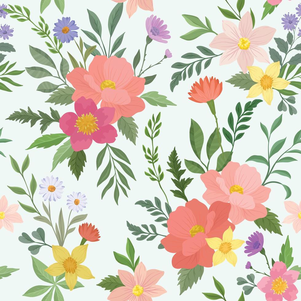 A seamless pattern featuring an elegant arrangement of colorful flowers and green leaves, creating a harmonious and natural botanical design vector