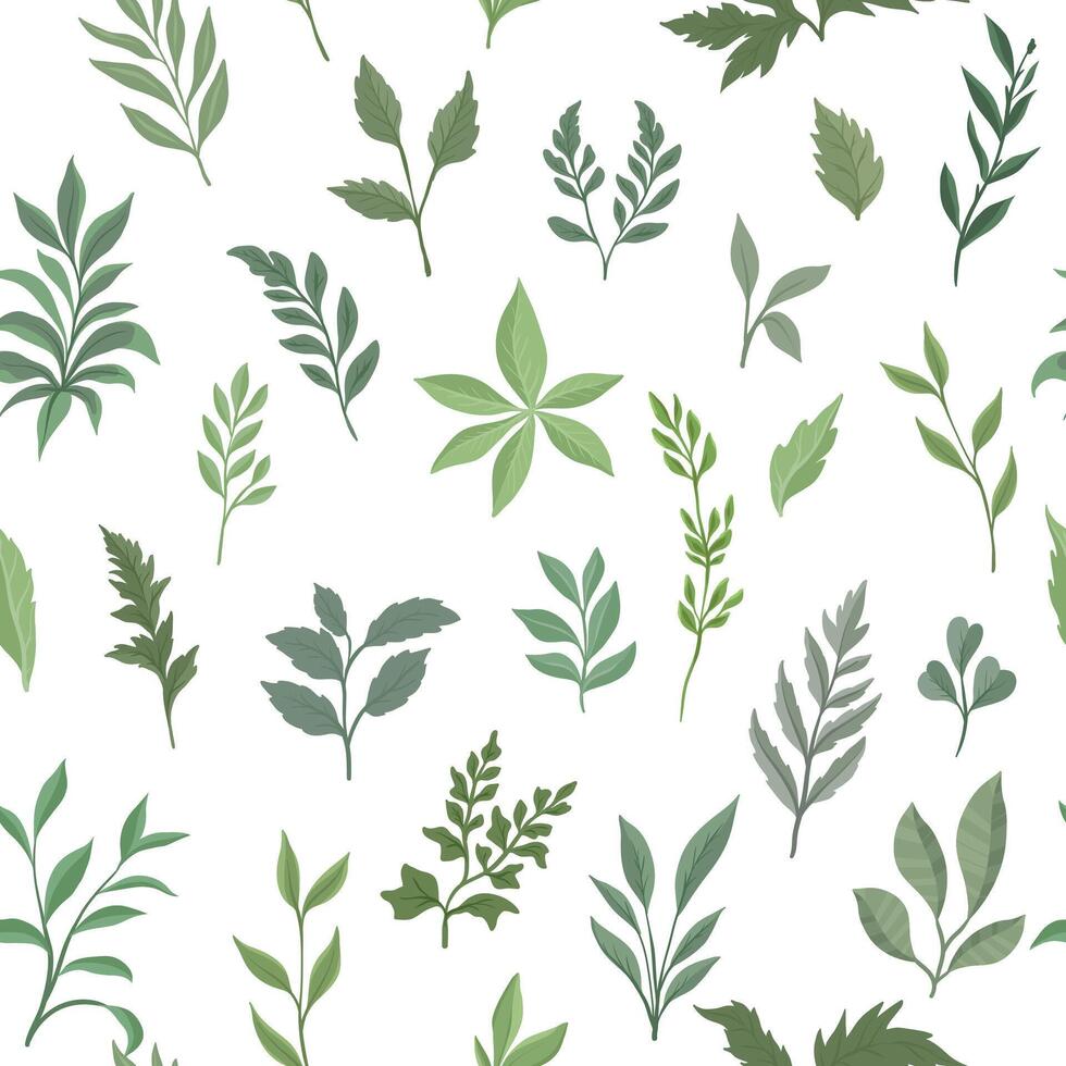 A seamless pattern featuring various green leaves in different shapes and shades, creating a fresh and natural botanical design vector