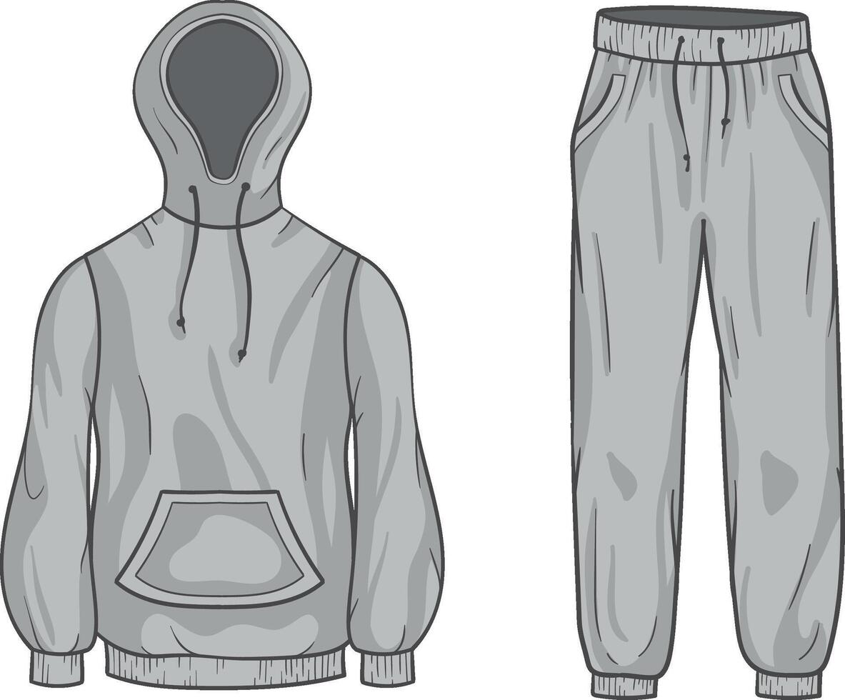 illustration of a monochrome tracksuit of a hooded sweatshirt with a front pocket and drawstrings, with matching jogger pants featuring an elastic waistband and side pockets on white background vector