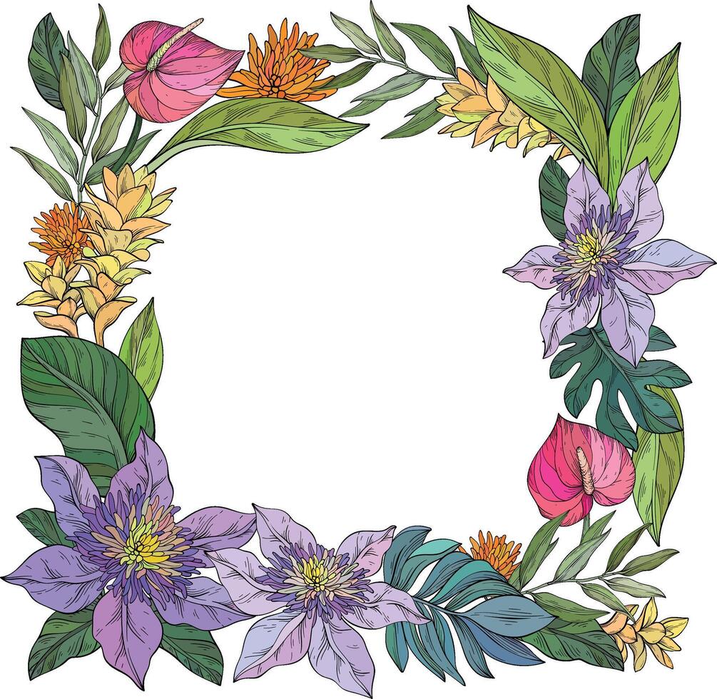 A beautifully detailed floral illustration of a square frame adorned with lush Clematis flowers, ginger flowering and palm leaves, elegantly set against a clean white background vector