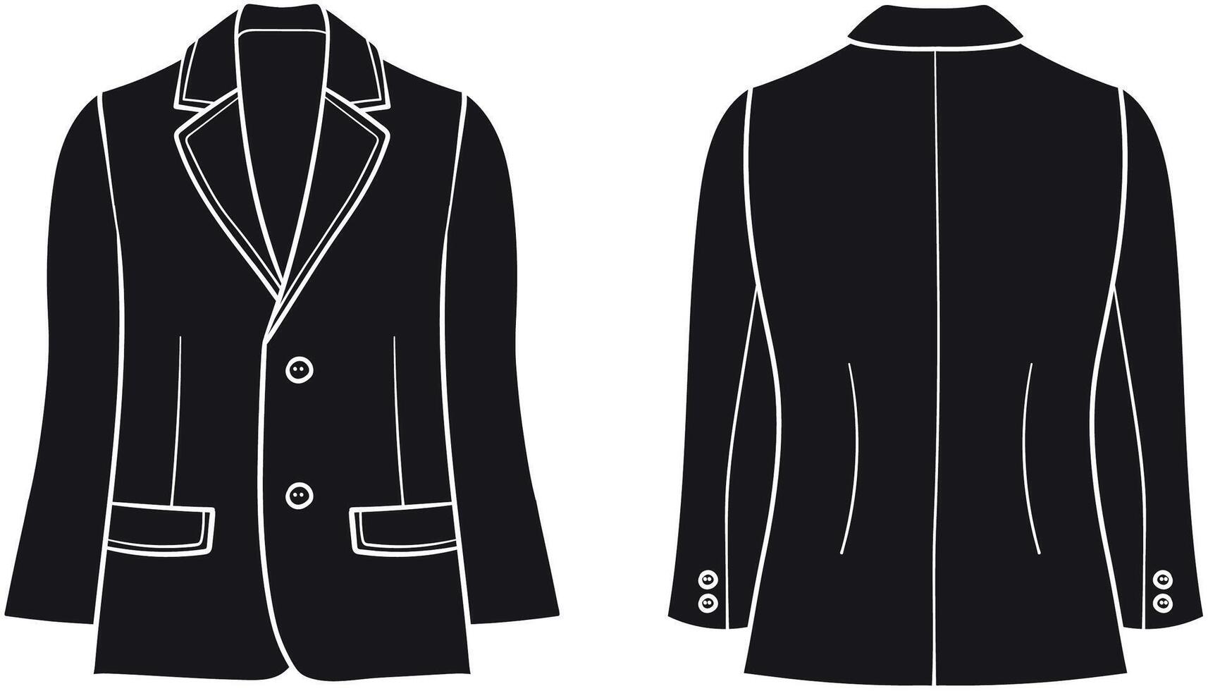 silhouette black illustration of a blazer, shown from both front and back views, featuring a structured lapel, button closure, and elegant pocket detail vector