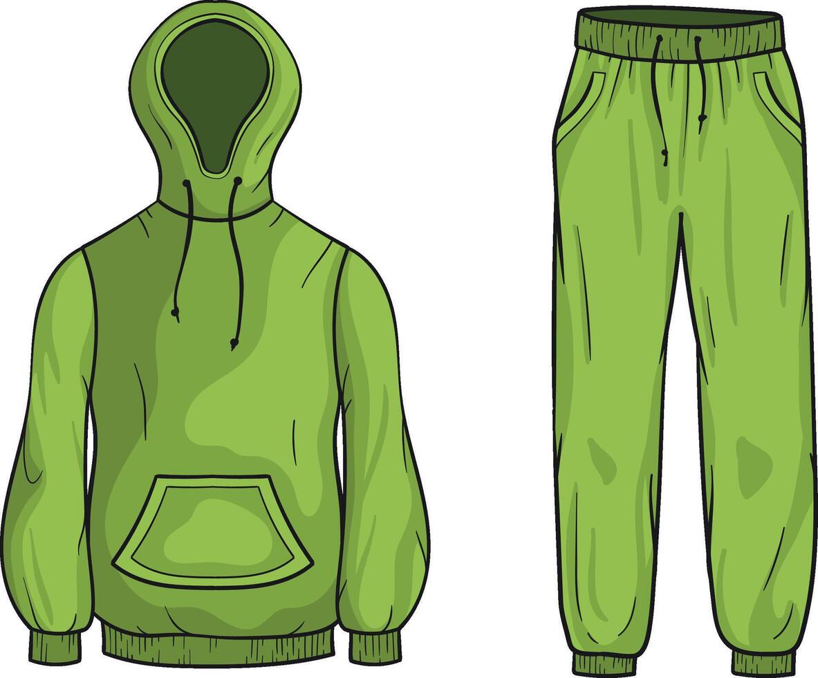 illustration of a green tracksuit of a hooded sweatshirt with a front pocket and drawstrings, with matching jogger pants featuring an elastic waistband and side pockets on white background vector