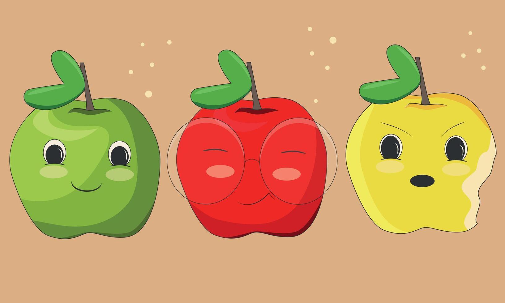 Illustration set of apples red yellow and green. Set of live apples. Funny pictures of live spring and summer fruits. Fruits stickers stickers posters and covers vector