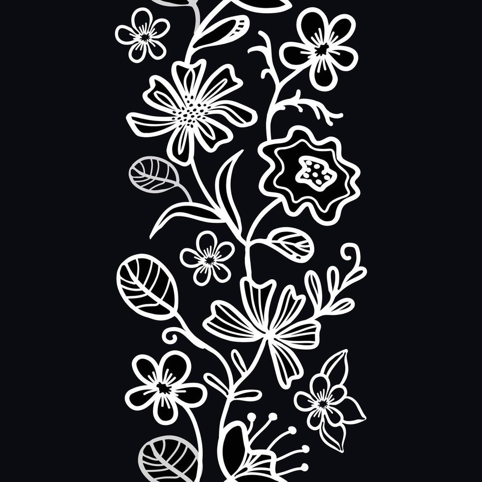 Seamless trailing white lines floral stripe on a black background. Hand drawn abstract botanical design with daisies, lilies, and wildflowers. vector