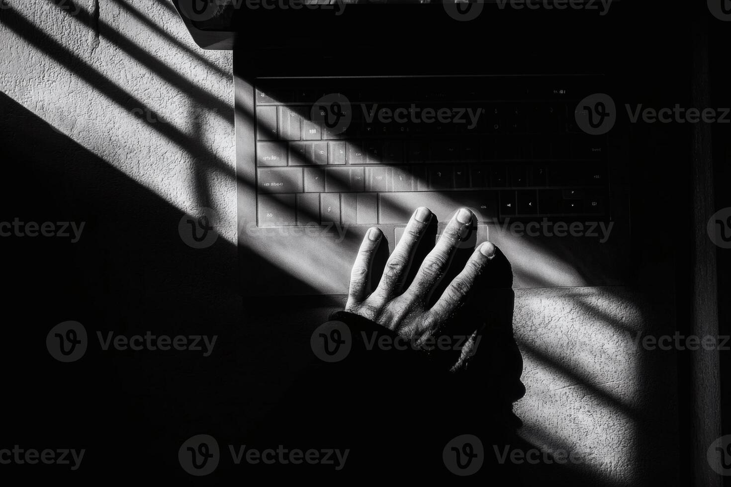 Daytime hand on keyboard with shadows, AI image photo