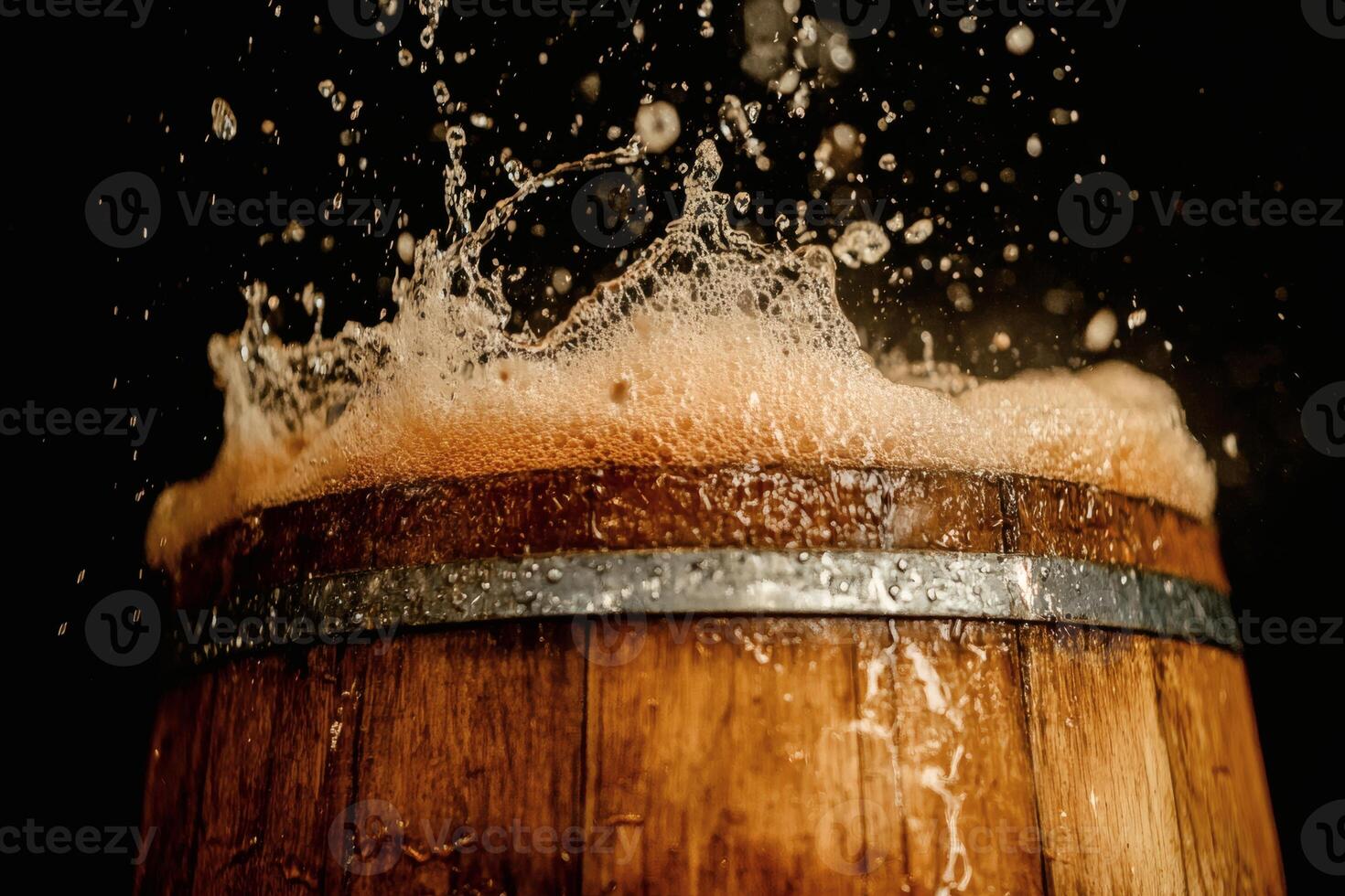 Bubbles from a beer-filled wooden barrel AI photo