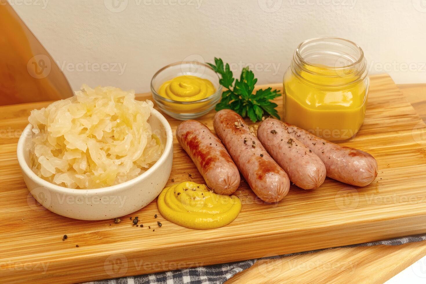 Tasty sausages with sauerkraut and mustard photo