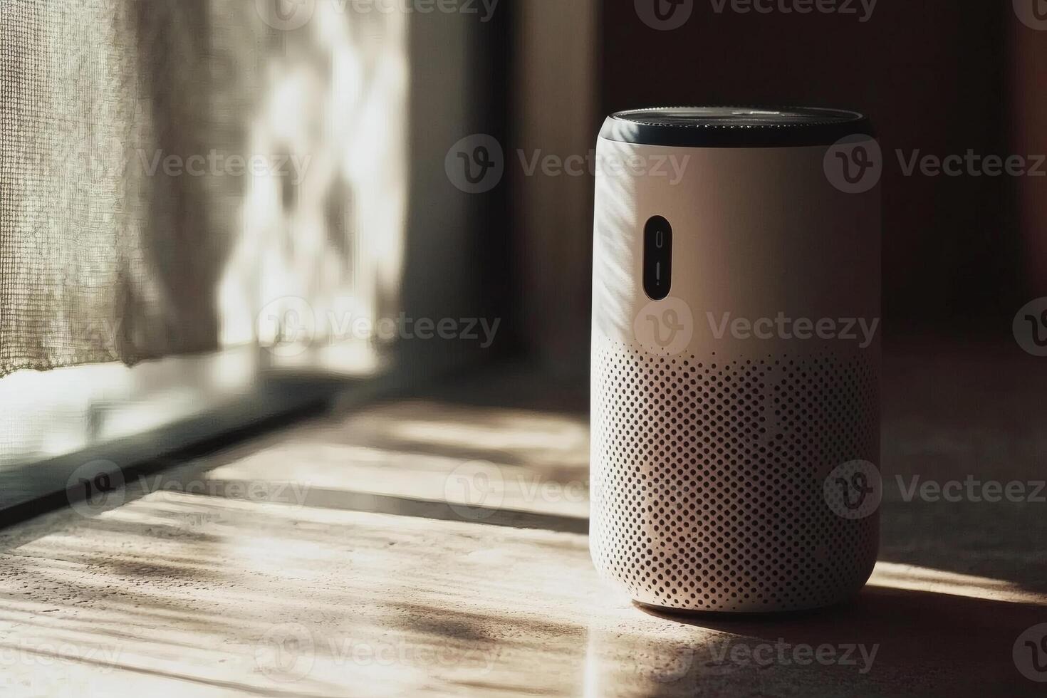 Modern speaker on wooden floor with sunlight photo