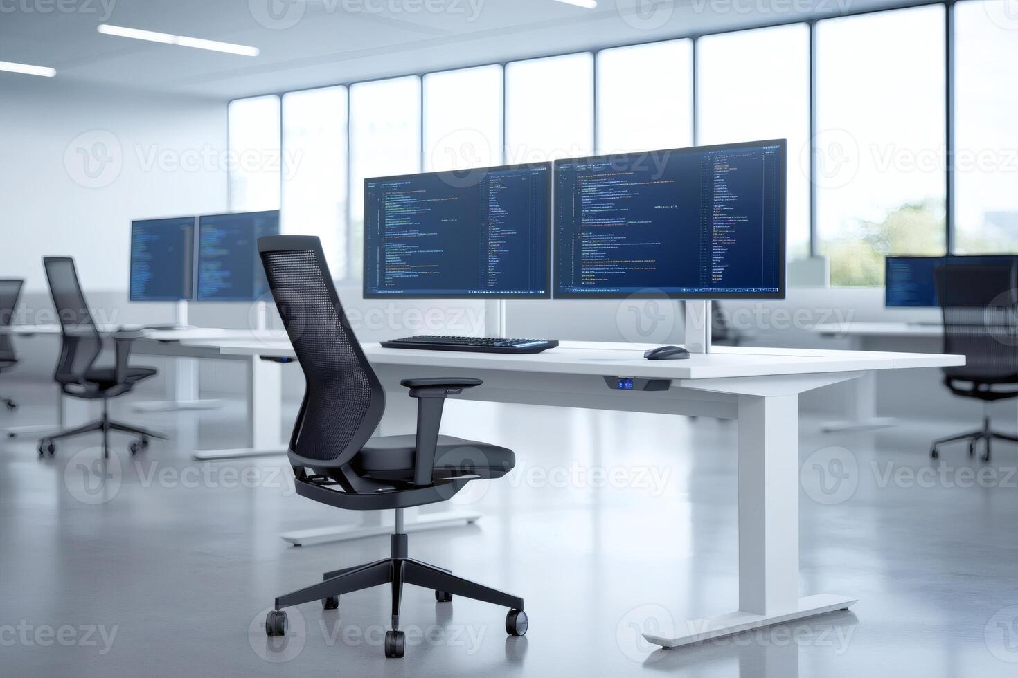 Modern workspace with dual monitors and chair photo