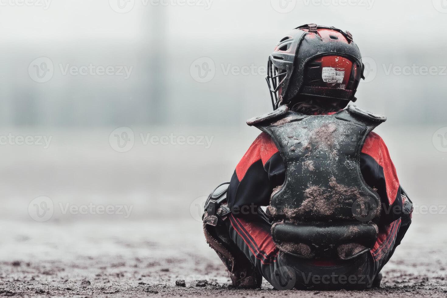 Young baseball player sits on muddy field photo