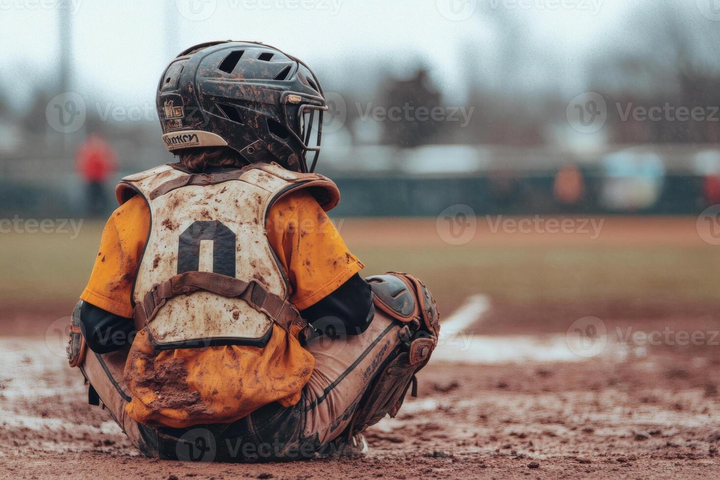 Young catcher waits for the game to resume photo