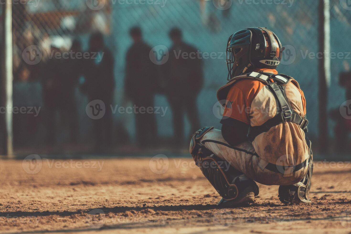 Young catcher readies for the game at dusk photo