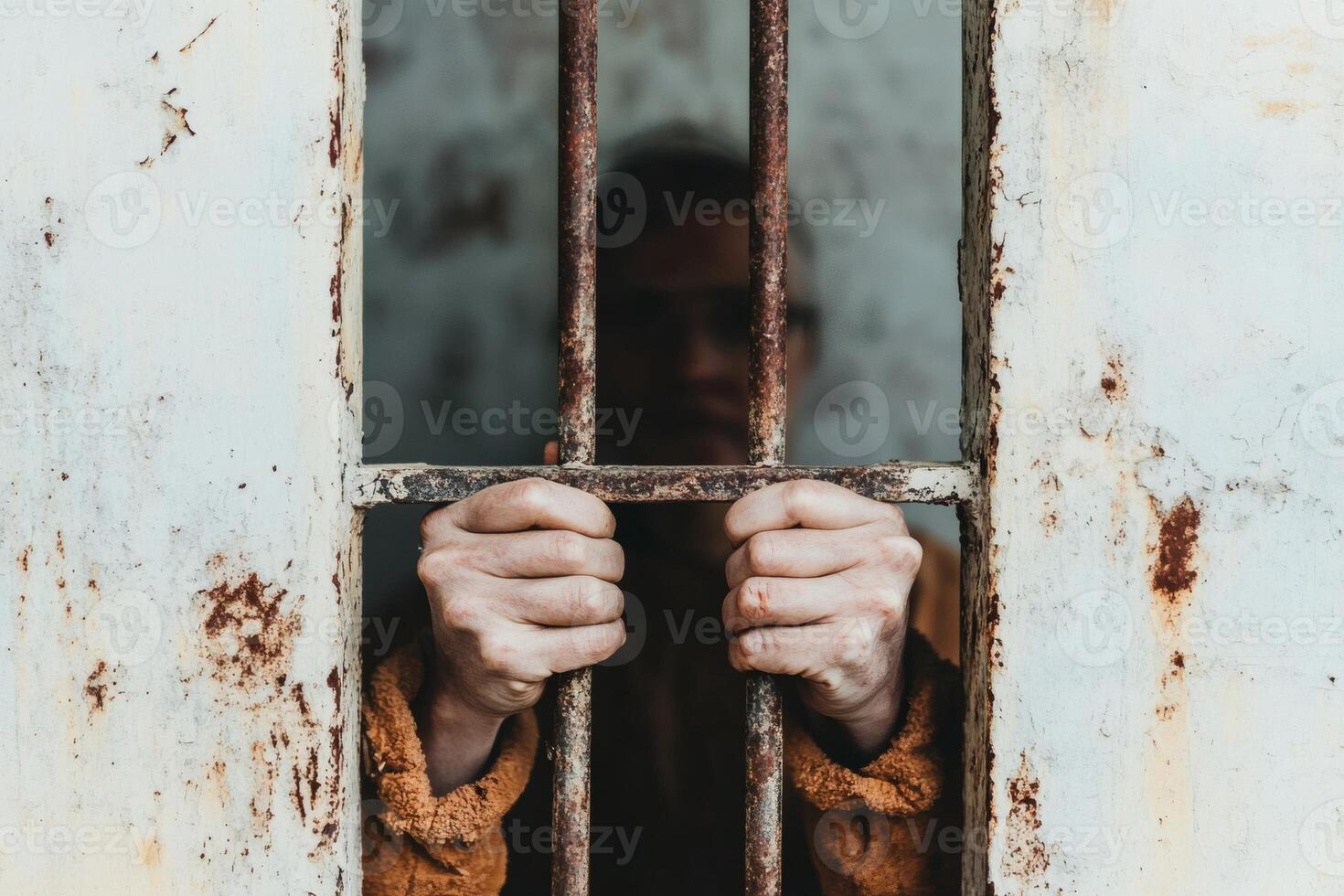 Prisoner holds onto rusted bars in a cell photo