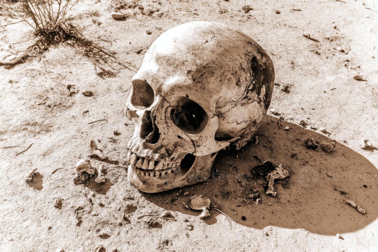 Human skull resting on desert ground under sun photo
