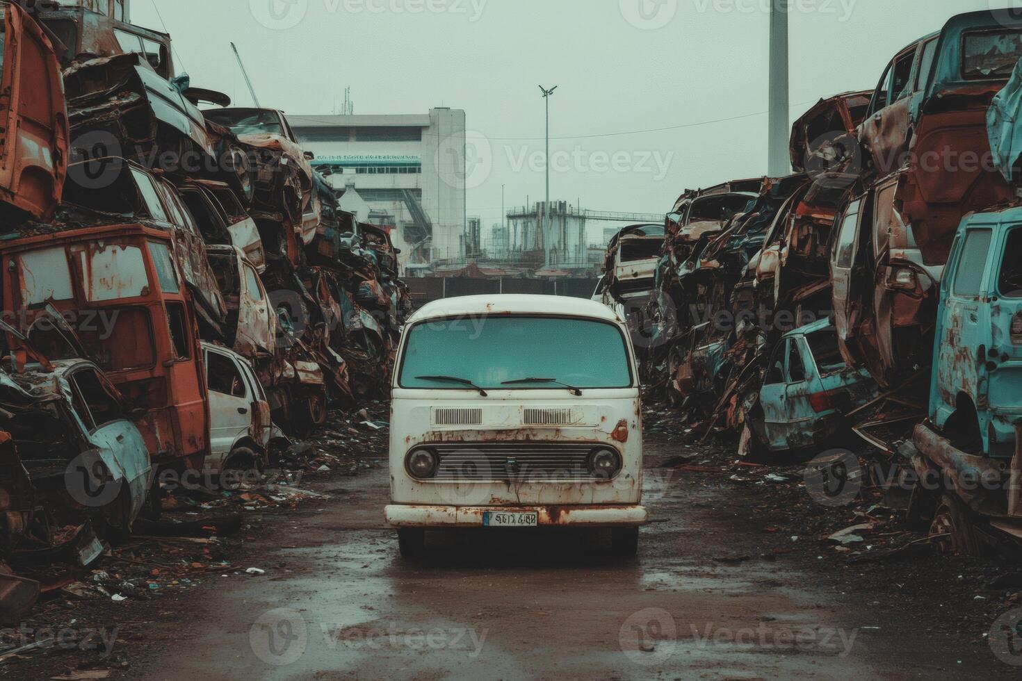 Abandoned vehicles in a scrapyard at dusk photo