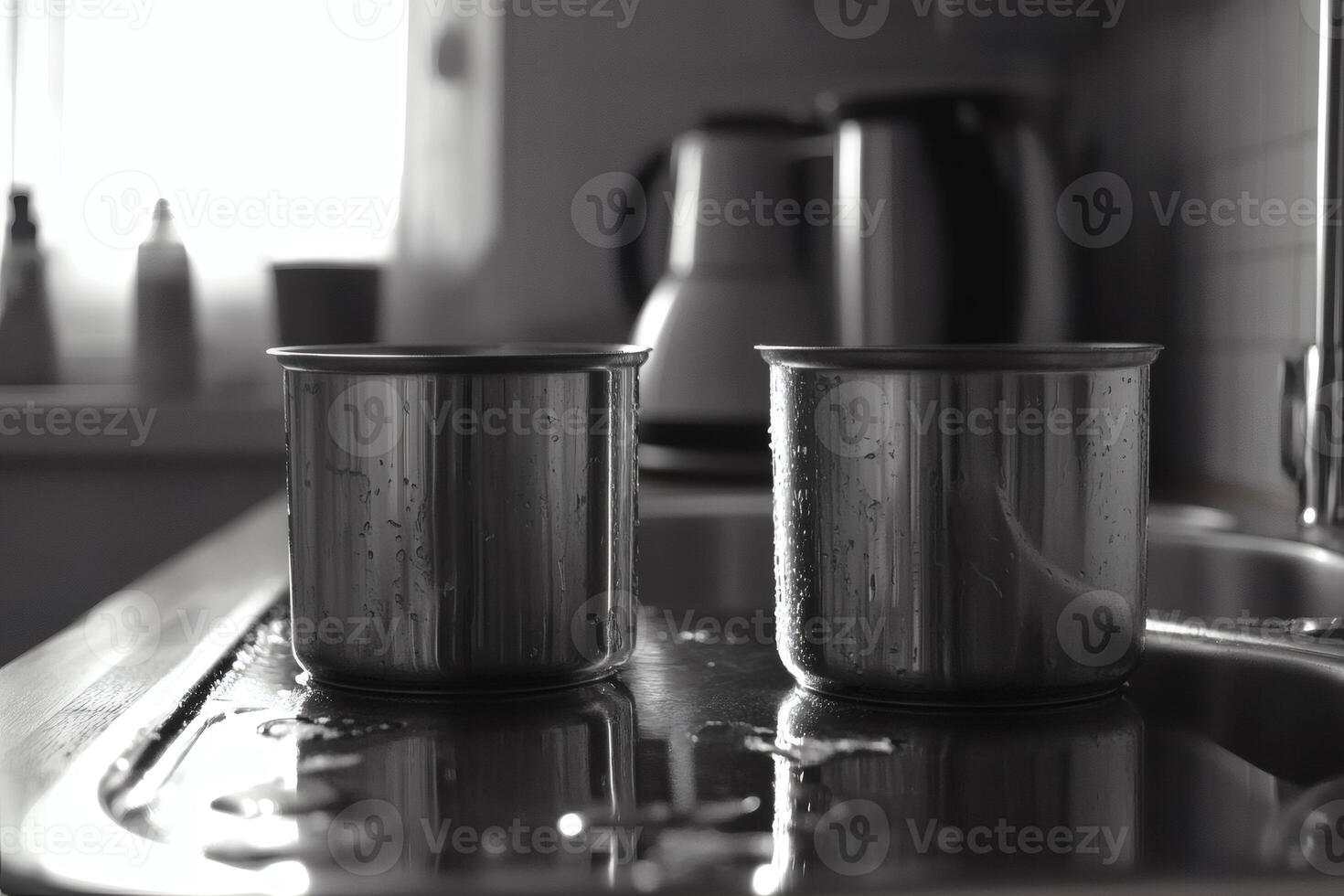 Cooks preparing food with metal pots on a kitchen counter in soft morning light with water droplets visible photo