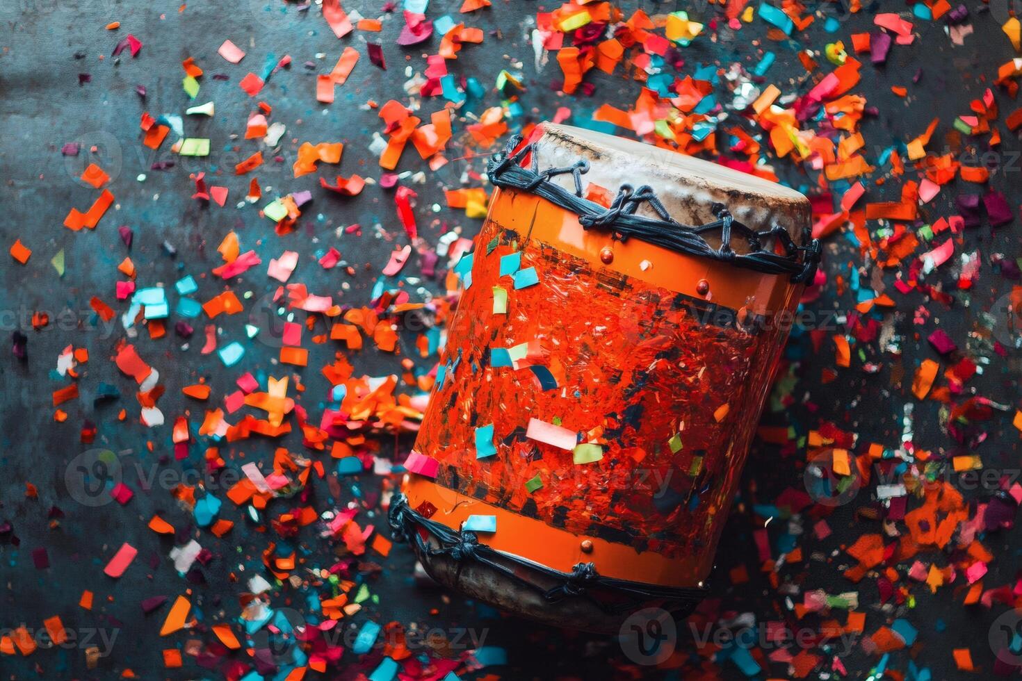 Colorful confetti surrounds a vibrant drum in a festive celebration setting on a lively surface photo