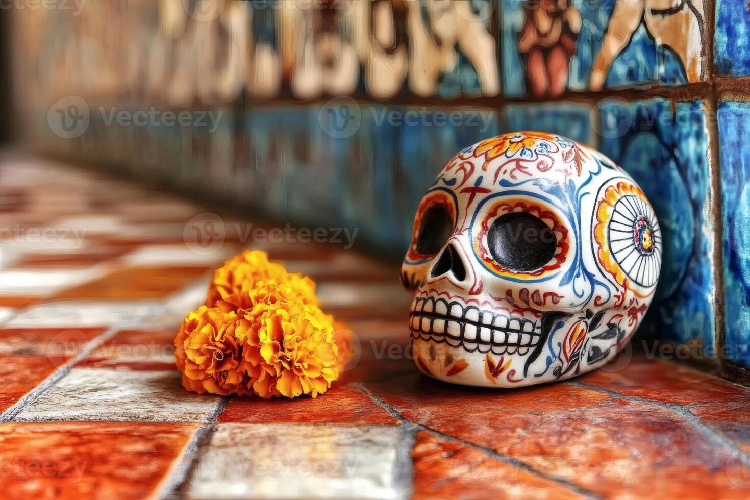 Colorful skull and marigold flower surrounded by ornate tiles in a vibrant setting during a cultural celebration photo