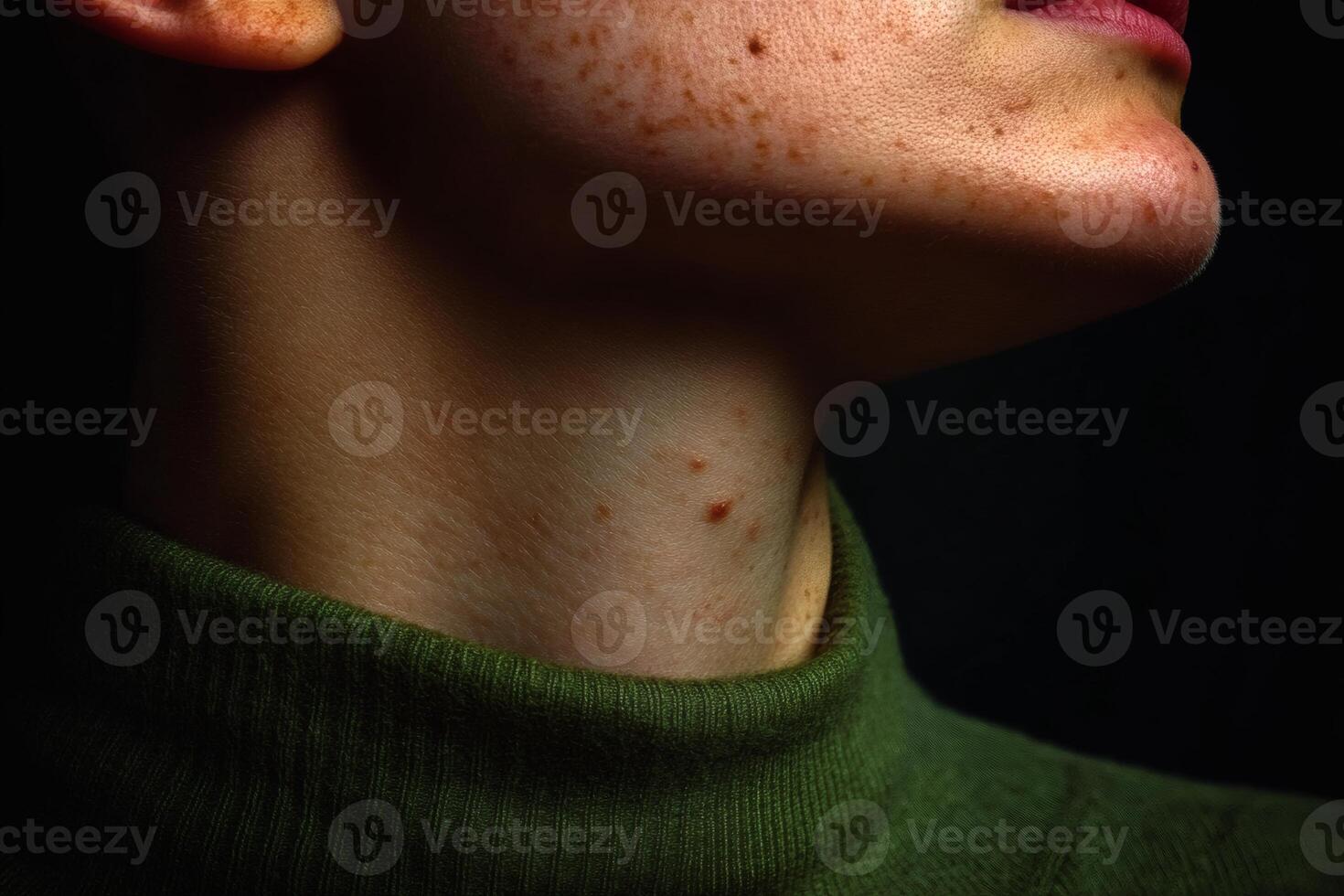 Close-up of a person's neck wearing a green turtleneck, showcasing skin texture and subtle freckles in low lighting photo