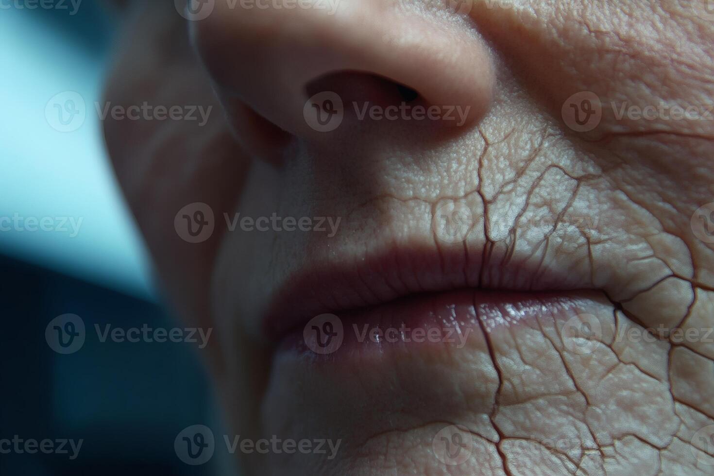 Close-up view of elderly person's skin showing fine lines and wrinkles in a clinical setting during daylight photo