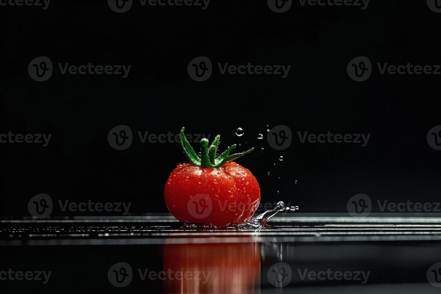 Fresh tomato drops into water creating splashes against a dark background photo