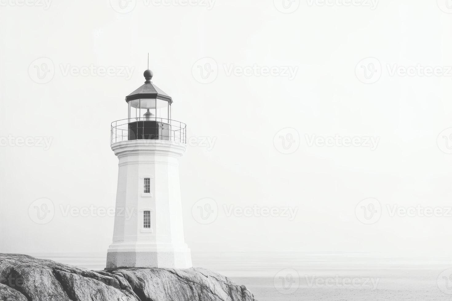 White lighthouse stands on rocky shore overlooking calm ocean under a clear sky at dawn, offering a serene coastal view photo