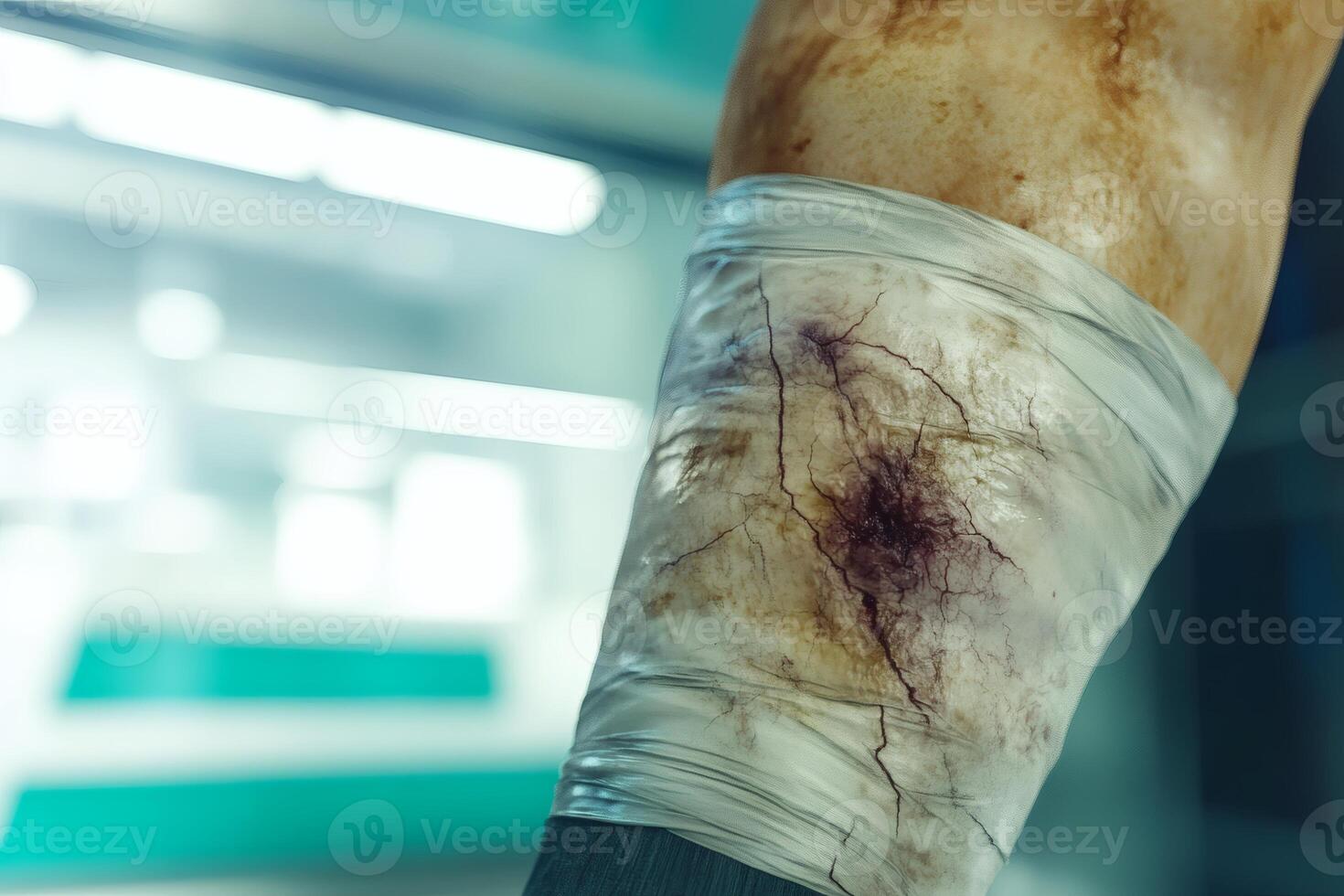 Healthcare professional examines a treated leg wound in a clinical environment during daytime photo