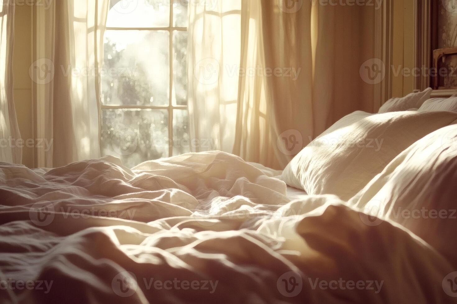 Soft morning light filters through curtains, illuminating a messy bed with rumpled sheets and pillows on a serene day photo
