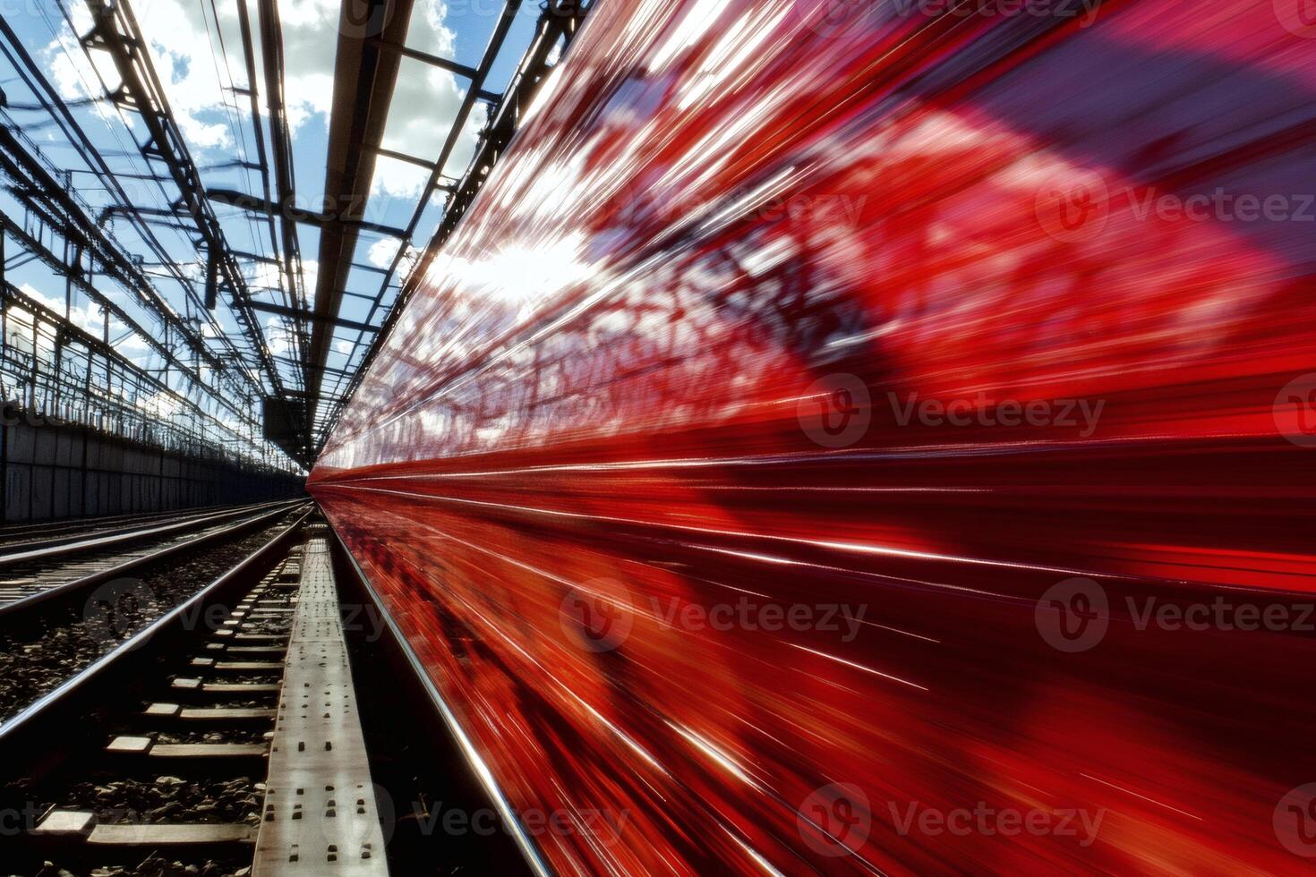 Fast train speeds through urban station on a sunny day, showcasing motion blur and dynamic energy of transportation photo