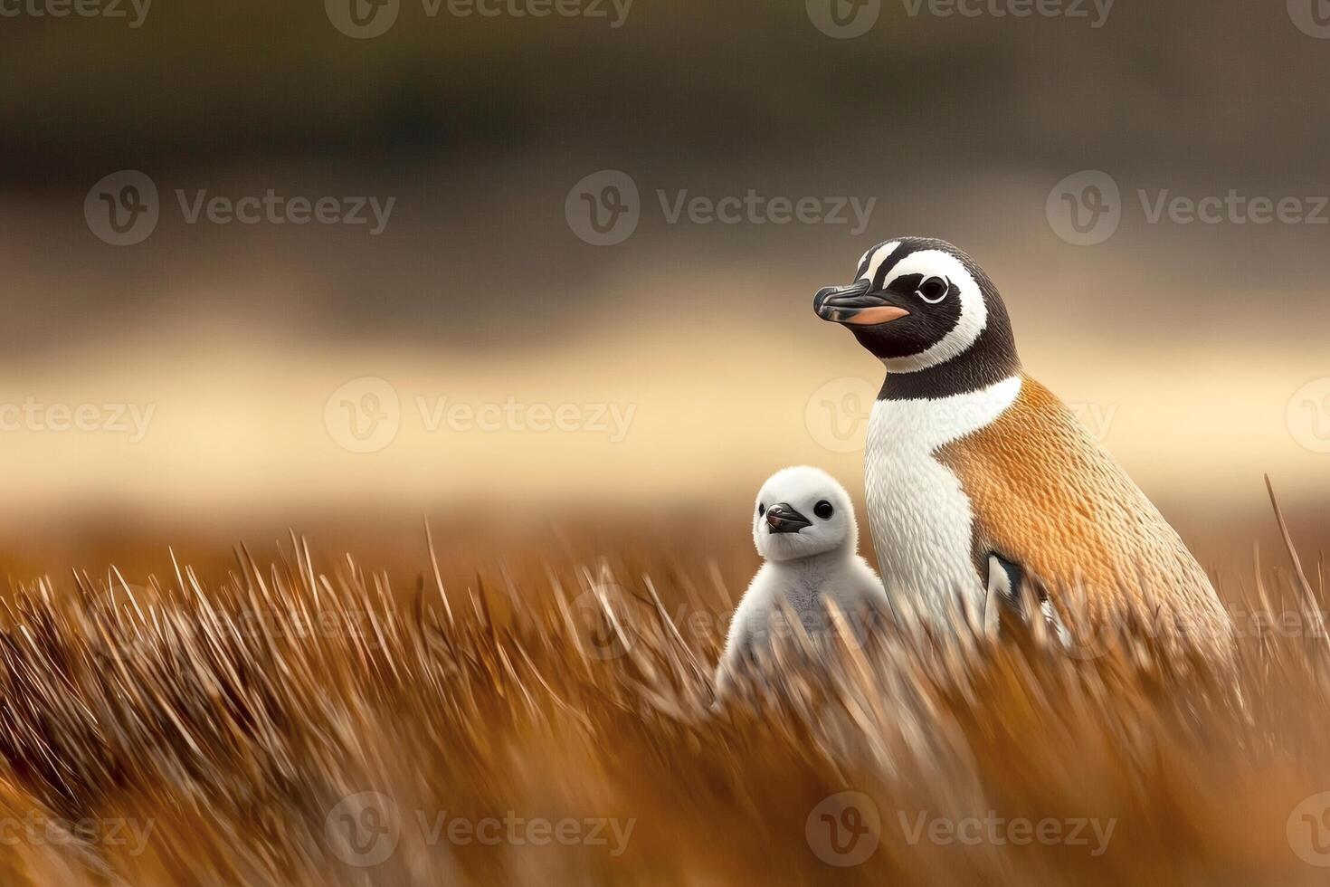 Beautiful shorebird and its chick resting among tall grasses during a warm afternoon in a coastal habitat photo