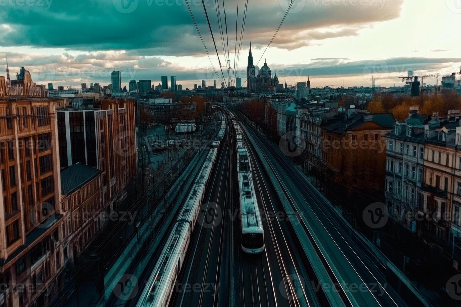 Trains navigate urban tracks in a vibrant city skyline during a cloudy sunset photo