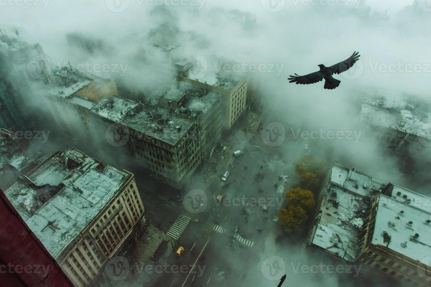 Fog engulfs city streets as a bird soars above buildings during a cloudy afternoon photo