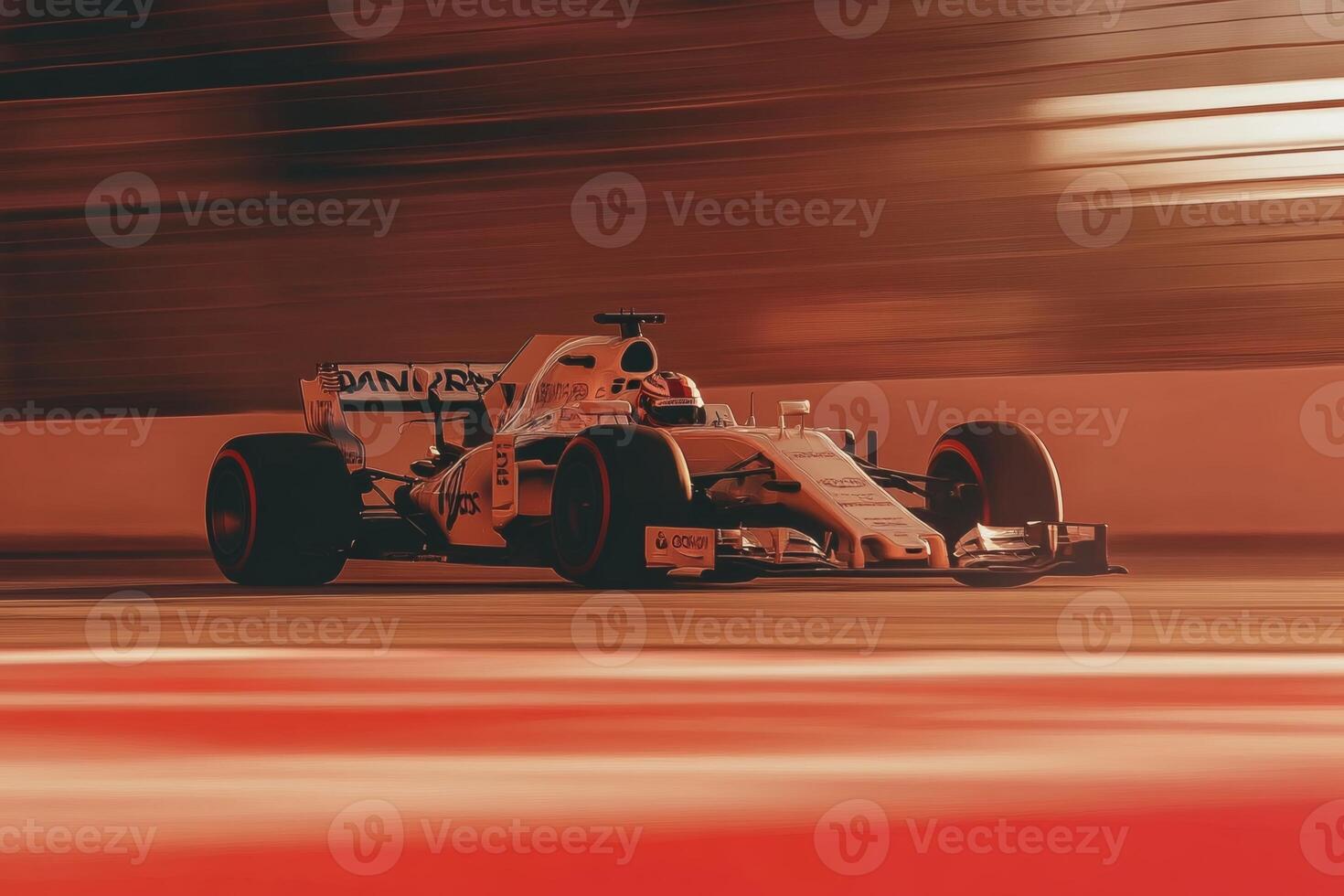 Race car speeds through a night track, showcasing dynamic motion and thrilling competition under vibrant lights photo