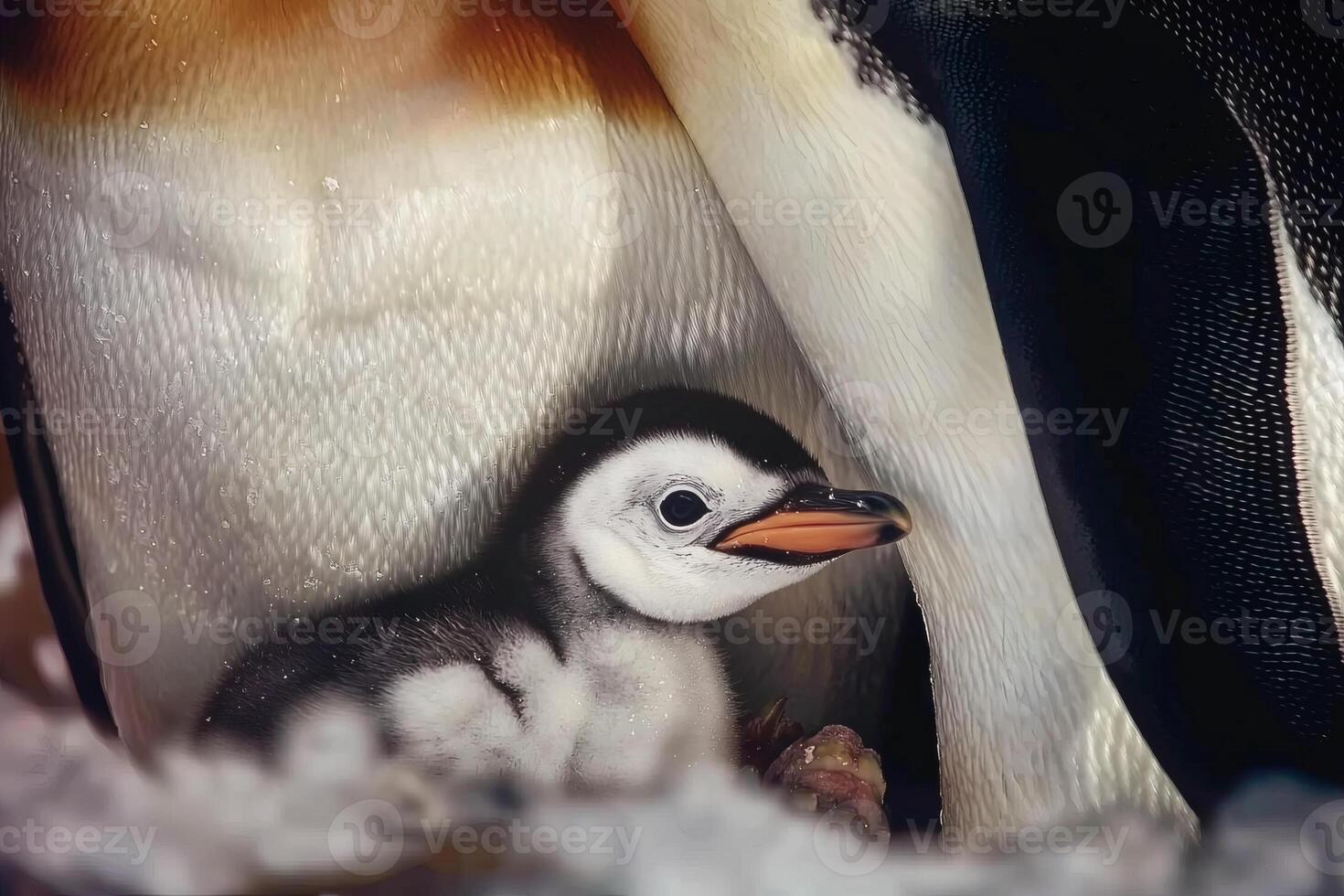 Cute penguin chick nestled under adult's wing in snowy environment showcasing family bond in nature photo